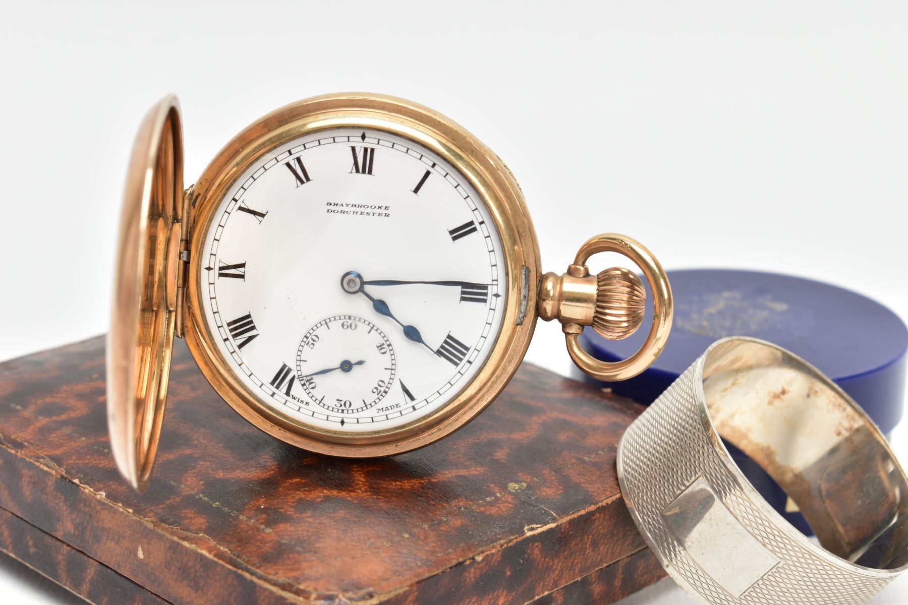 A GOLD-PLATED HALF HUNTER POCKET WATCH AND A SILVER NAPKIN RING, round white dial signed ' - Image 3 of 6