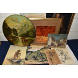 PAINTINGS AND PRINTS ETC, to include a 19th century river landscape with cattle drinking, oil on