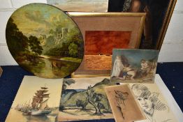 PAINTINGS AND PRINTS ETC, to include a 19th century river landscape with cattle drinking, oil on