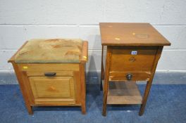 AN OAK SEWING BOX, with contents (some veneer loss) and a teak piano stool (2)