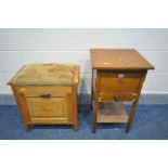 AN OAK SEWING BOX, with contents (some veneer loss) and a teak piano stool (2)