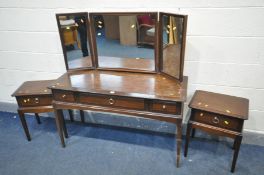 A STAG MINSTREL DRESSING TABLE with triple mirrors and three drawers, width 120cm x depth 50cm x