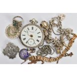 A BAG OF ASSORTED ITEMS, to include a white metal charm bracelet fitted with fourteen charms in