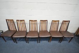 A SET OF SIX G PLAN FRESCO DINING CHAIRS, with brown leatherette upholstery (condition - all but one