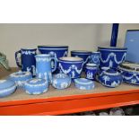 A GROUP OF WEDGWOOD JASPERWARES, sixteen pieces comprising a pair of planters height 20cm,