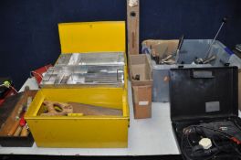 A TRAY AND TWO TOOLBOXES CONTAINING TOOLS to include a number of spanners, hammers, chisels,