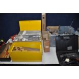 A TRAY AND TWO TOOLBOXES CONTAINING TOOLS to include a number of spanners, hammers, chisels,