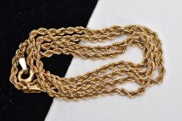 A 9CT GOLD ROPE TWIST CHAIN, fitted with a spring clasp, hallmarked 9ct gold Sheffield, length