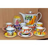 A WEDGWOOD CLARICE CLIFF COFFEE POT, SUGAR SIFTER AND SIX COFFEE CANS AND SAUCERS, comprising a