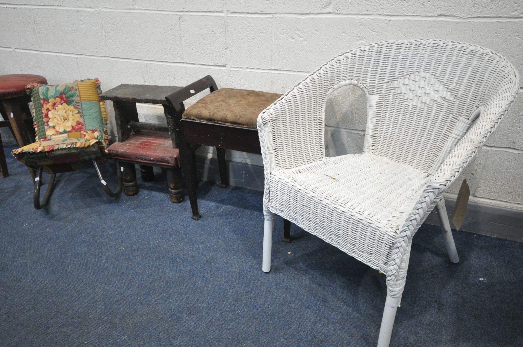 A QUANTITY OF STOOLS AND CHAIRS, to include a piano stool (stained upholstery) two milking stools, a - Image 3 of 3