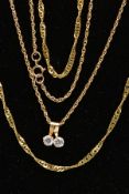 TWO 9CT GOLD CHAINS AND PENDANTS, a yellow gold Singapore twist chain, approximate length 500mm,