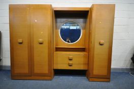 A MID CENTURY TEAK STONEHILL FURNITURE THREE PIECE BEDROOM FITMENT, overall width 246cm x depth 54cm