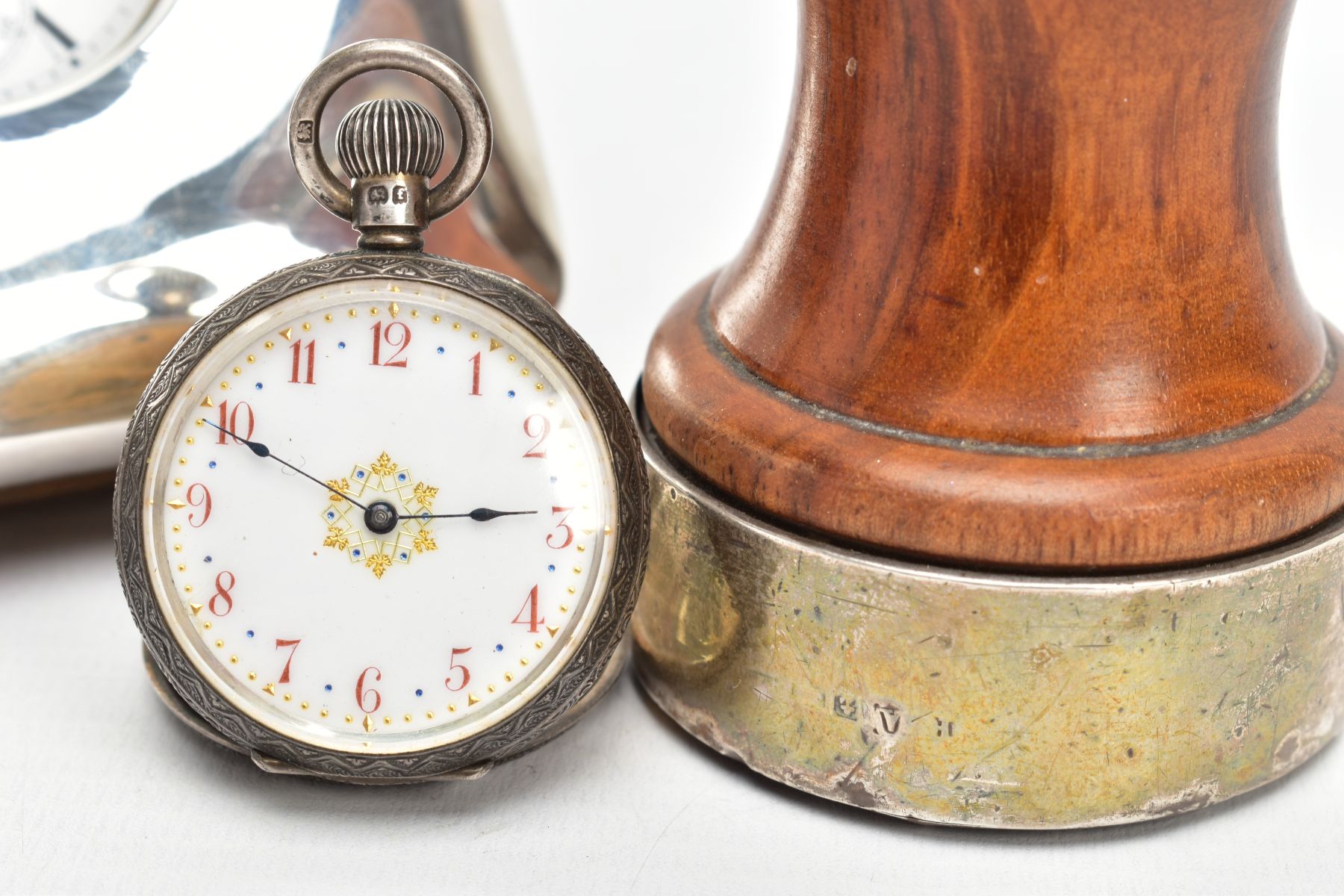 AN OPEN FACE POCKET WATCH WITH CASE, A LADIES SILVER POCKET WATCH AND A SALT MILL, a white metal - Image 2 of 7