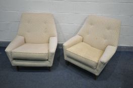 A PAIR OF MID CENTURY PARKER KNOLL MODEL PK970/1 UPHOLSTERED ARMCHAIRS, on teak legs (re upholstered