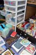 A SET OF PLASTIC DRAWERS, WITH FOUR BOXES OF NEEDLEWORK SUPPLIES, GREETINGS CARDS AND SUNDRY