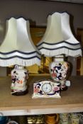 THREE PIECES OF MASONS (BLUE) MANDALAY, comprising two octagonal temple jar style table lamps with