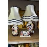 THREE PIECES OF MASONS (BLUE) MANDALAY, comprising two octagonal temple jar style table lamps with