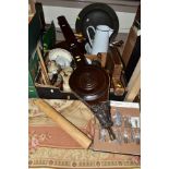 A BOX AND LOOSE SUNDRY ITEMS ETC, to include a copper and brass fireside companion set, tin sugar