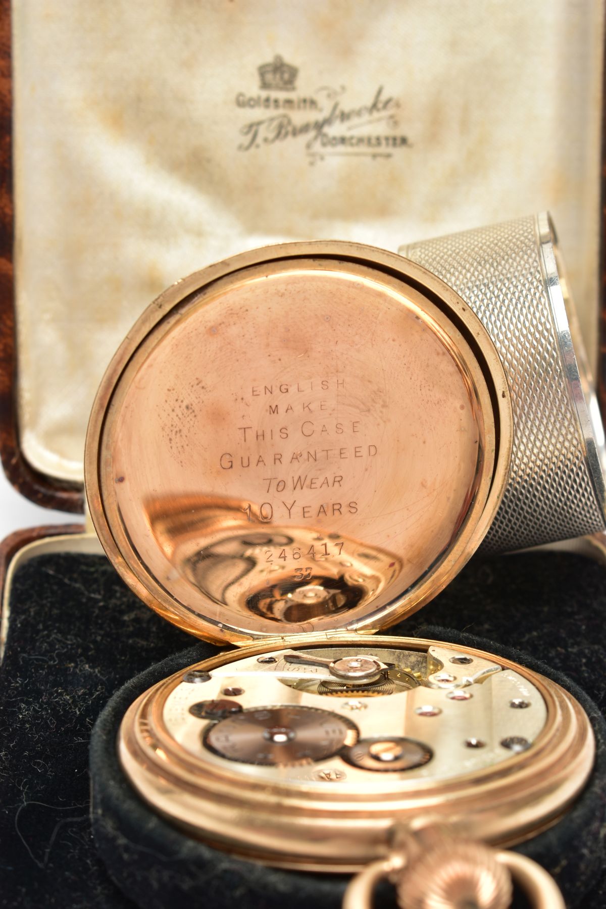 A GOLD-PLATED HALF HUNTER POCKET WATCH AND A SILVER NAPKIN RING, round white dial signed ' - Image 5 of 6