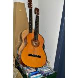TWO ACOUSTIC GUITARS, A BOX OF CDS AND SINGLES RECORDS, the guitars comprising a Hohner model no.