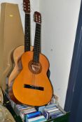 TWO ACOUSTIC GUITARS, A BOX OF CDS AND SINGLES RECORDS, the guitars comprising a Hohner model no.