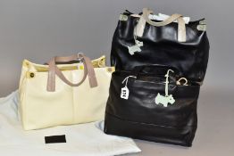 THREE RADLEY HANDBAGS, comprising a plain black leather bag with pale green fabric interior, a