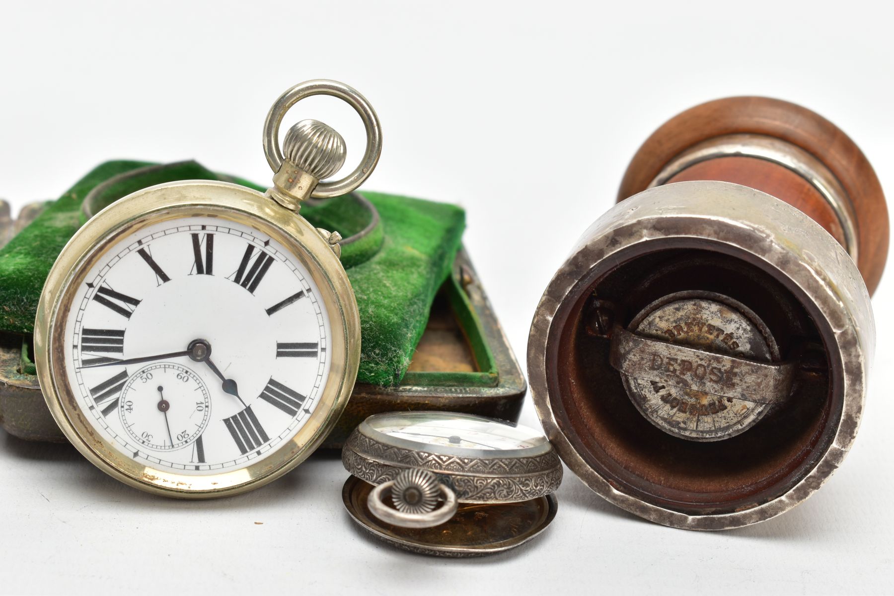 AN OPEN FACE POCKET WATCH WITH CASE, A LADIES SILVER POCKET WATCH AND A SALT MILL, a white metal - Image 7 of 7