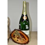 A MOET & CHANDON DISPLAY BOTTLE AND A PAINTING ON WOOD, comprising a Moet & Chandon display bottle