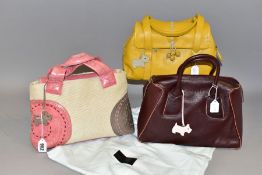 THREE RADLEY HANDBAGS, comprising a natural canvas and pink / grey applique leather bag with