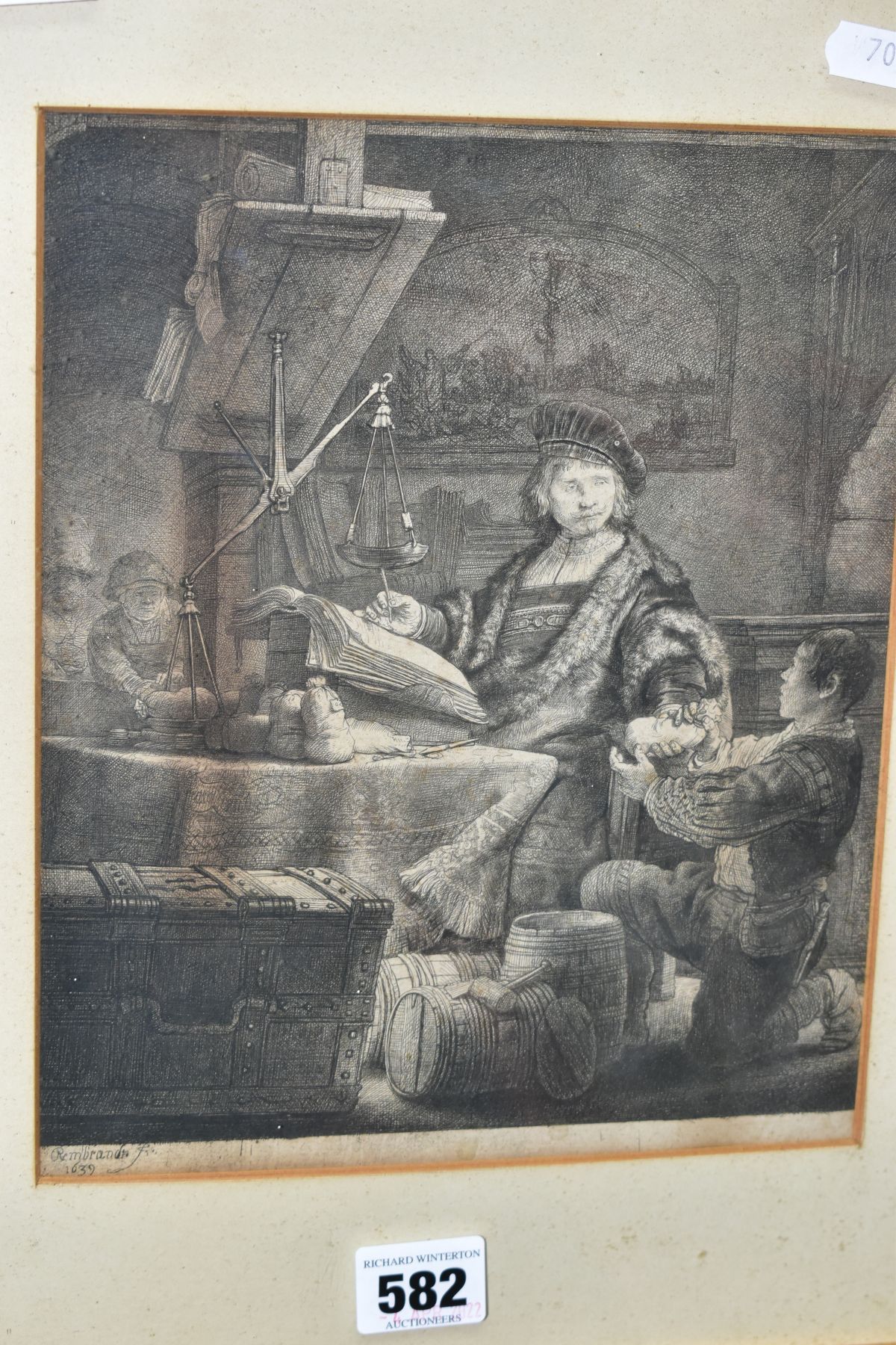 AFTER REMBRANDT VAN RIJN 'JAN UYTENBOGAERT -THE GOLD WEIGHER, an engraved print, possibly a reworked - Image 2 of 4