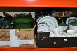 THREE BOXES OF CERAMICS AND KITCHENWARES, to include fifty pieces of Corelle ivy printed dinnerware,