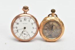 TWO LADIES YELLOW METAL POCKET WATCHES, the first with a round white dial signed 'Waltham', Arabic