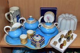 A GROUP OF CERAMIC WARES, including a four piece tea set comprising tray, teapot, cream jug and