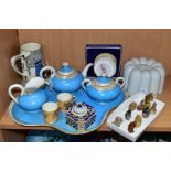 A GROUP OF CERAMIC WARES, including a four piece tea set comprising tray, teapot, cream jug and