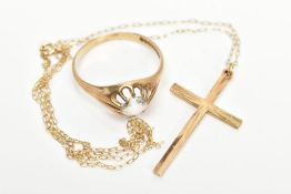 A 9CT GOLD CUBIC ZIRCONIA SIGNET RING AND A 9CT GOLD CROSS PENDANT NECKLACE, the ring set with a