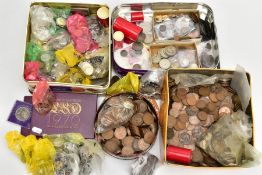 FOUR BISCUIT TINS CONTAINING WORLD COINAGE, with lots of 20th century copper coins to include a