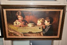 G ELHERIDGE (20TH CENTURY) THREE YOUNG CHILDREN AND A PUPPY, the children are in an outbuilding