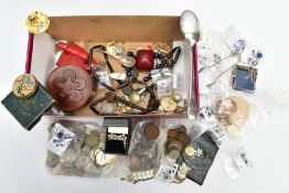 A BOX OF ASSORTED COSTUME JEWELLERY AND OTHER ITEMS, to include two bags of various old British
