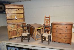 SEVEN PIECES OF WOODEN DOLLS HOUSE/ MINIATURE FURNITURE, comprising a kitchen dresser, height 41.