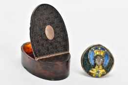 A CARVED TORTOISESHELL SNUFF BOX AND AN ENAMEL PENDANT, the snuff box of an oval form, with a rose