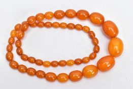 A GRADUATED AMBER COLOUR BAKELITE BEAD NECKLACE, oval graduated beads, largest measuring