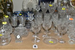 A QUANTITY OF STUART CRYSTAL DRINKING GLASSES, ETC, including a set of six blue and silver lustre