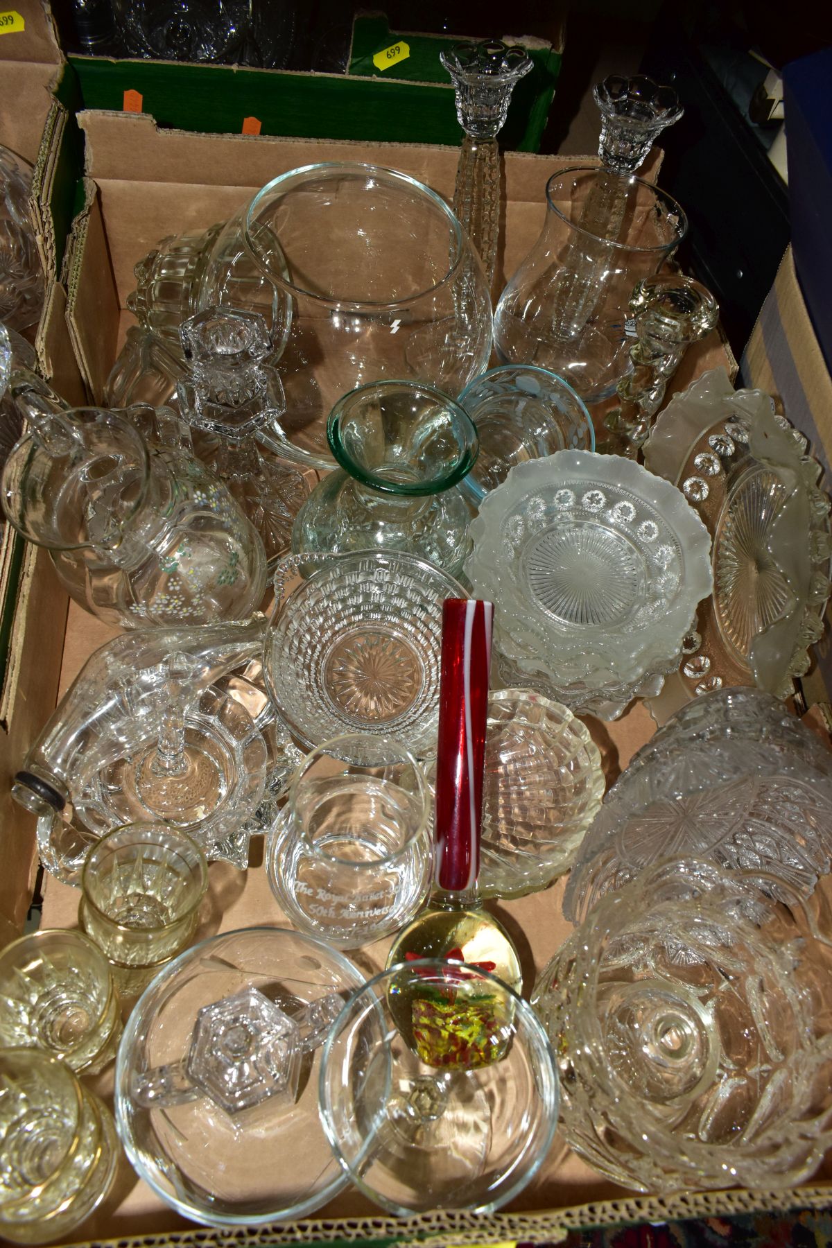 THREE BOXES OF ASSORTED CLEAR AND COLOURED GLASSWARE, including a small amount of late 19th - Image 2 of 6