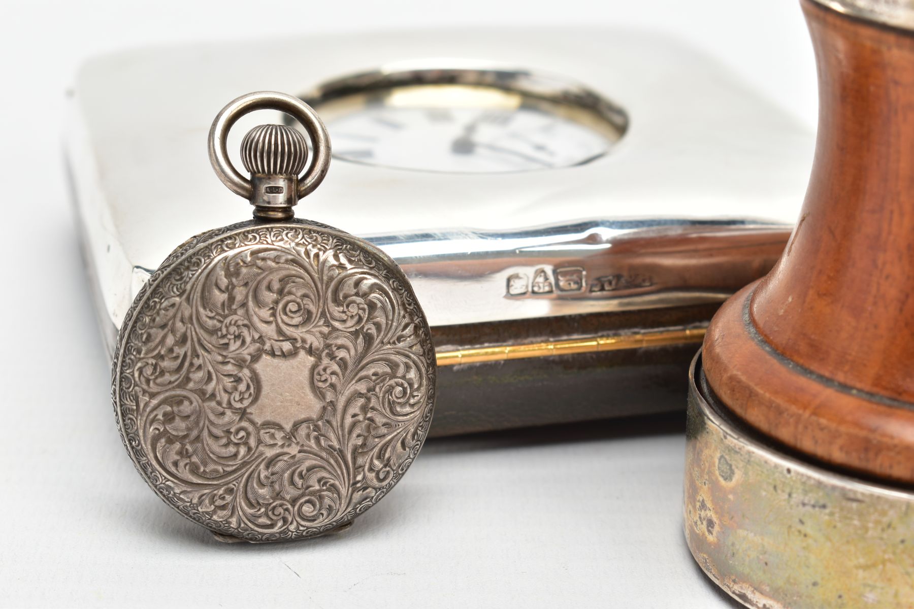 AN OPEN FACE POCKET WATCH WITH CASE, A LADIES SILVER POCKET WATCH AND A SALT MILL, a white metal - Image 3 of 7