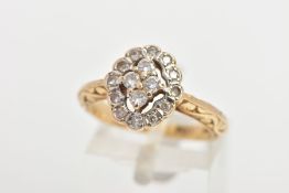 A 14CT GOLD DIAMOND RING, sixteen round brilliant cut diamonds prong set in a cluster, approximate