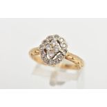 A 14CT GOLD DIAMOND RING, sixteen round brilliant cut diamonds prong set in a cluster, approximate