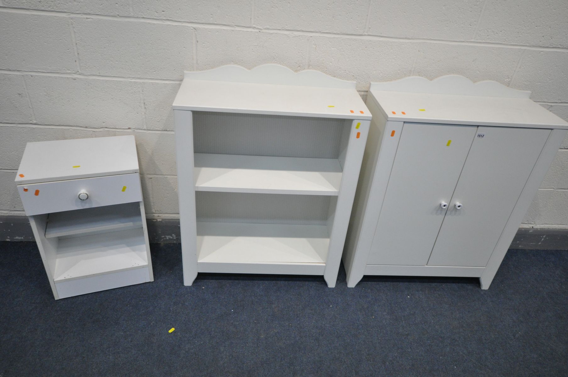TWO WHITE FINISH BOOKCASE, one with double doors, the other open, width 70cm x 30cm x height 95cm,