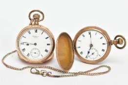 TWO GOLD-PLATED OPEN FACE POCKET WATCHES AND A 9CT GOLD CHAIN, the first with a round white dial