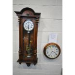 A 20TH CENTURY WALNUT VIENNA WALL CLOCK, height 108cm (two weights, pendulum and winding key) and