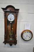 A 20TH CENTURY WALNUT VIENNA WALL CLOCK, height 108cm (two weights, pendulum and winding key) and